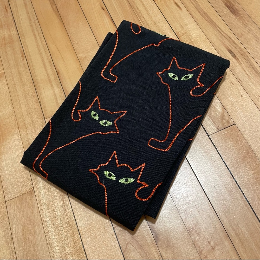 Crate & Barrel Halloween Black Cat Orange Embroidered Dish Towel